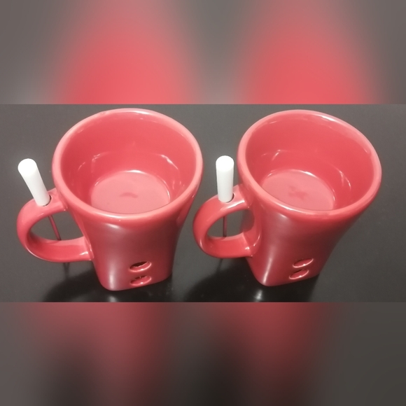 DARK RED FONDUE MUGS 2PC SET WITH WHITE TIPPED FORKS - Picture 4 of 4